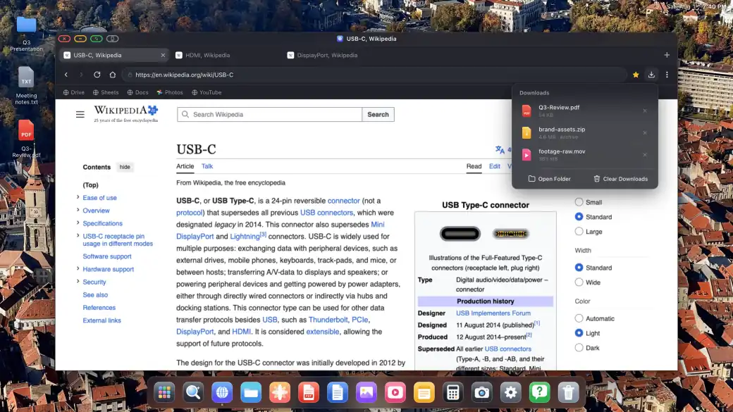 XeOS on an external display: downloads popover