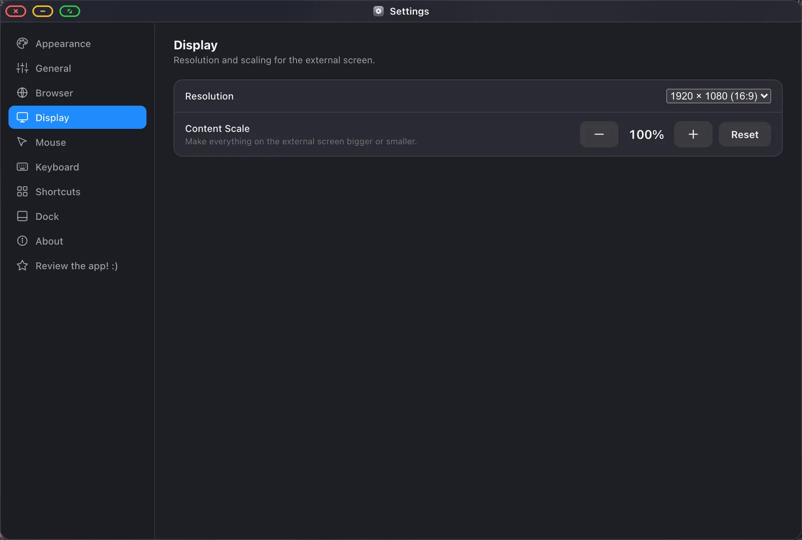 XeOS display settings with resolution and content scale options.