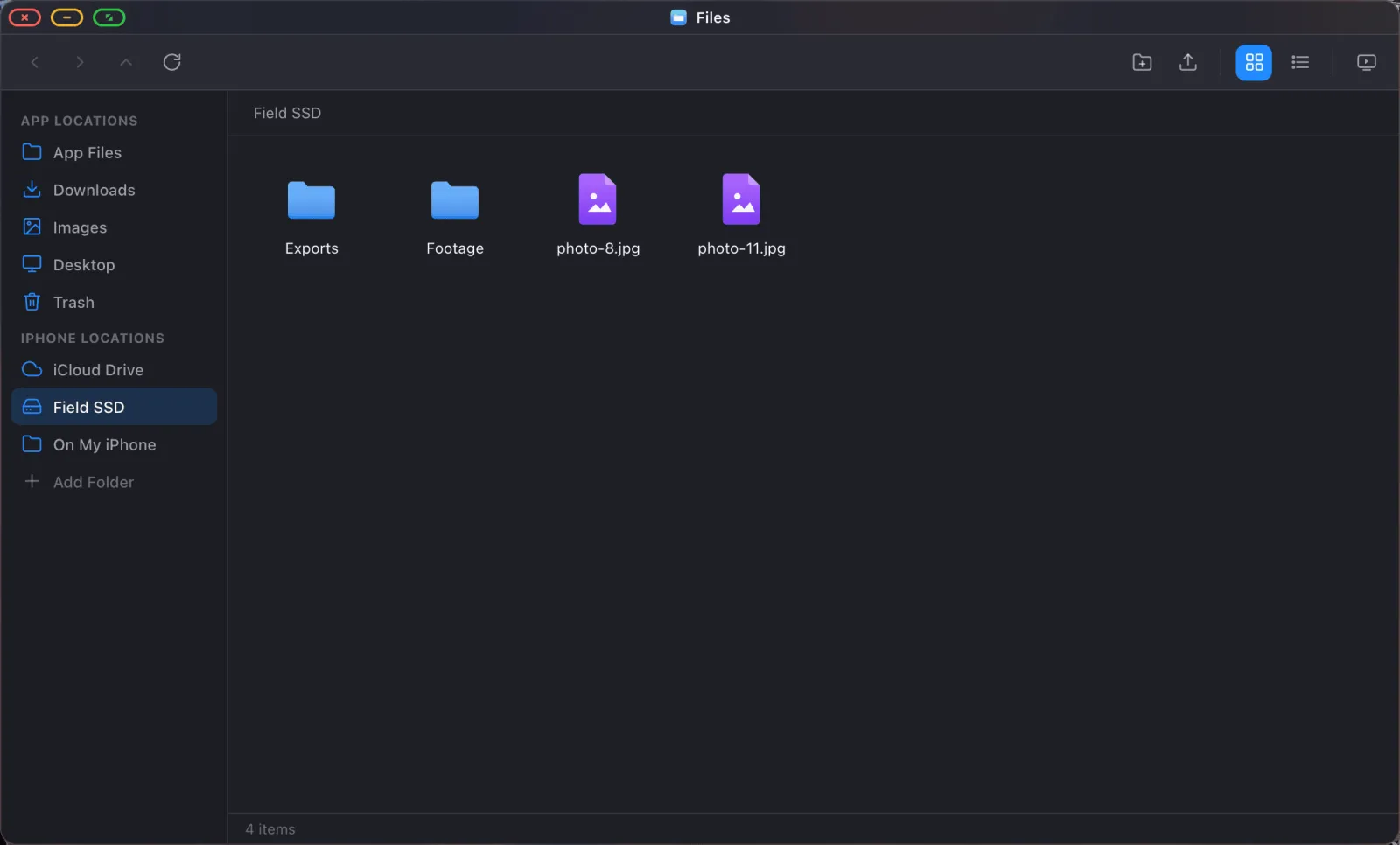 A file manager browsing a mounted external SSD, with iCloud Drive and local folders in the sidebar.