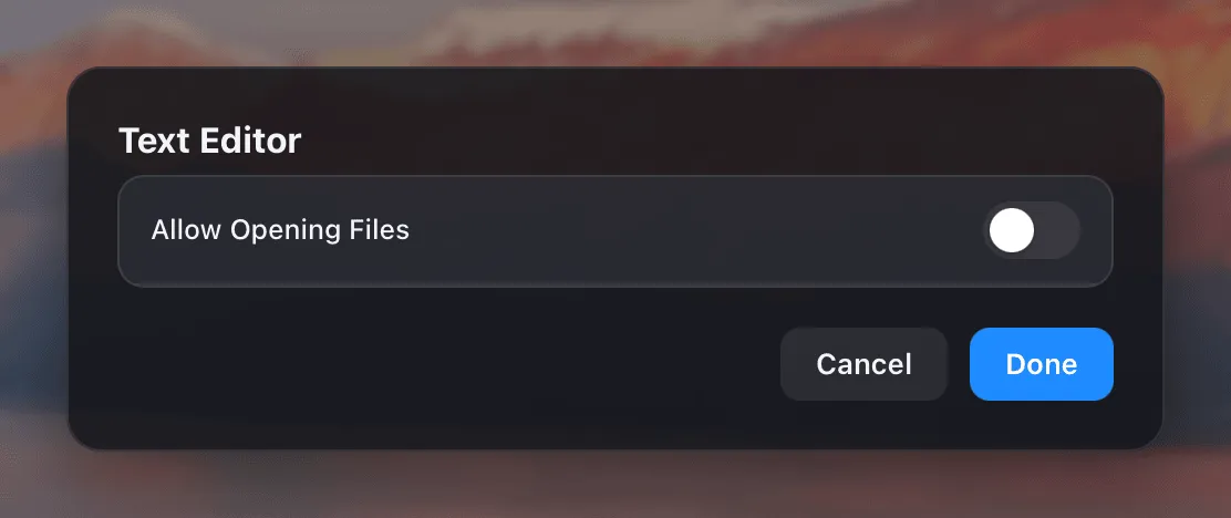 The Advanced Options dialog of the Text Editor with Allow Opening Files turned off.