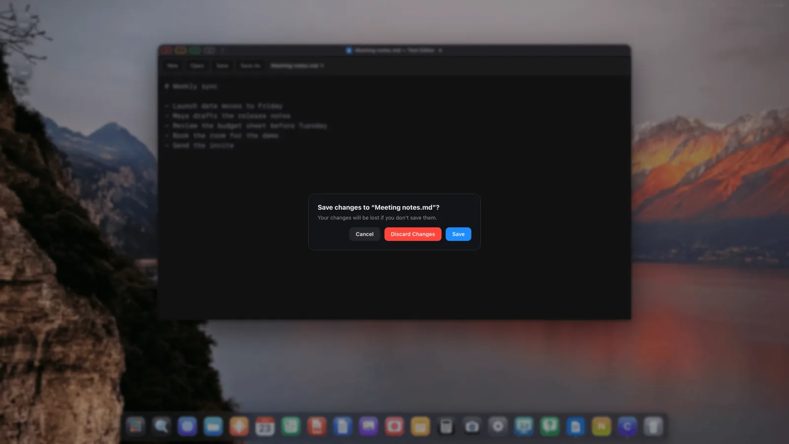 The Save changes dialog, with Cancel, Discard Changes and Save, over the Text Editor.