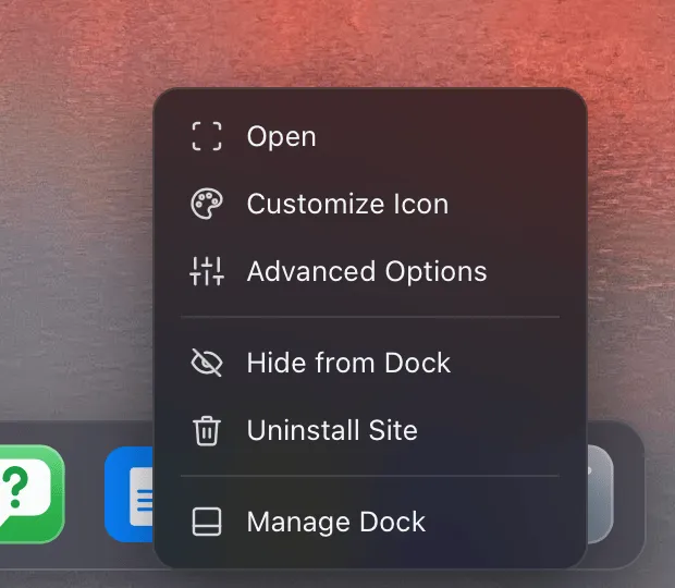 The right-click menu of an installed web app in the dock, with Advanced Options.
