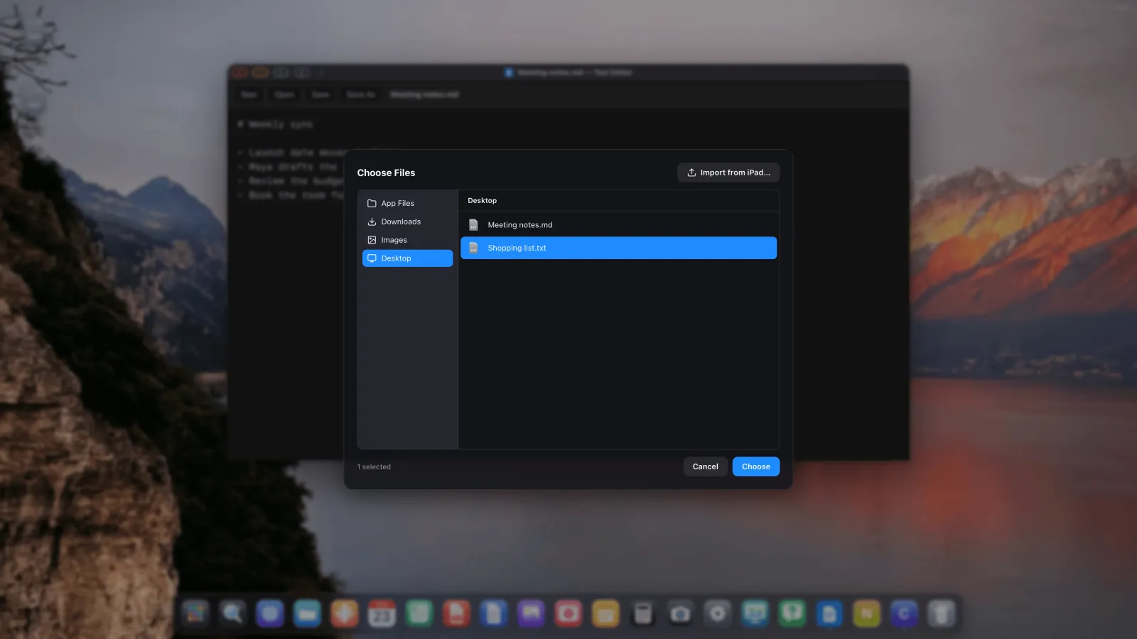 The XeOS Open panel over the Text Editor, with Shopping list.txt selected on the Desktop.
