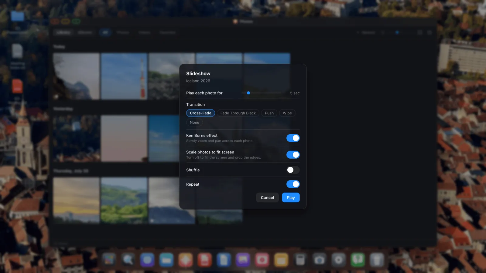 The Slideshow options sheet: play duration slider, transition choices, Ken Burns, scale to fit, shuffle and repeat switches.